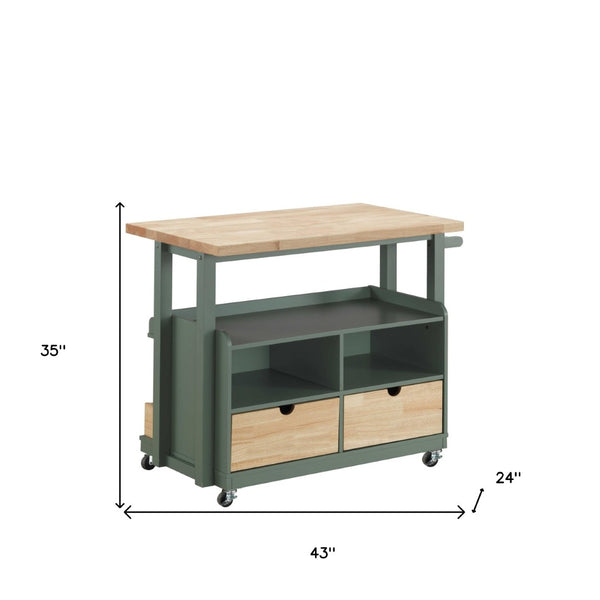 HomeRoots Green 43" Rolling Kitchen Cart with Rustic Charm, Ample Storage, and Smooth Mobility for Every Chef 347570