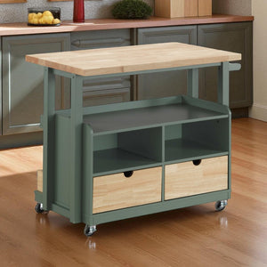 HomeRoots Green 43" Rolling Kitchen Cart with Rustic Charm, Ample Storage, and Smooth Mobility for Every Chef 347570