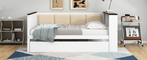 English Elm Twin Pine Wood Daybed with Trundle Upholstered Backrest Storage Shelf and Usb Port N7090002232K