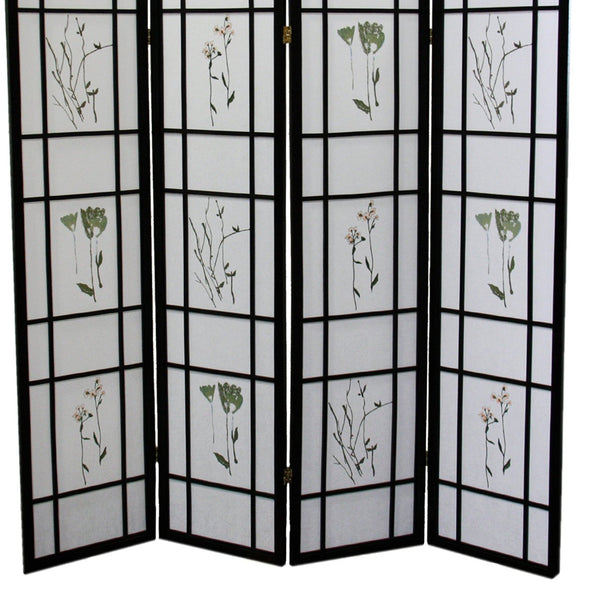 English Elm 70" Elegant 4-Panel Shoji Room Divider - Black Folding Screen With Floral Design For Privacy & Style B072115965
