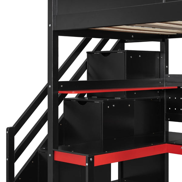English Elm Full Size Gaming Loft Bed with Led Lighting Desk Shelves and Usb Charging Ports N820S00070J