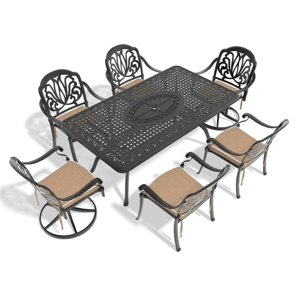 English Elm 7-piece Outdoor Cast Aluminum Dining Set with Ornate Relief Patio Table and Swivel Chairs W1710S00593
