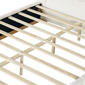 English Elm Modern, Quilted Upholstered Queen Bed Rubberwood Frame Beige Fabric Striped Headboard N769Q360699A