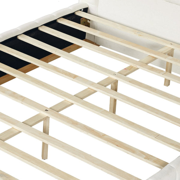 English Elm Modern, Quilted Upholstered Queen Bed Rubberwood Frame Beige Fabric Striped Headboard N769Q360699A