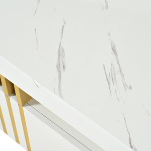 English Elm Faux Marble Rectangular Coffee Table with Gold Bars Drawers and Caster Wheels White WF305961AAK