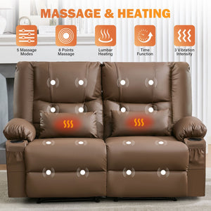 English Elm Recliner Loveseat with Massage Heat Pu Leather Dual Seating and Usb Charging Ports Brown W1521S00083