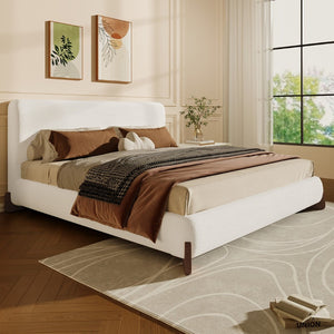 English Elm Elegant Boucle Queen Bed Solid Wood Legs Upholstered Headboard Modern Neutral Bedroom N769Q333728B