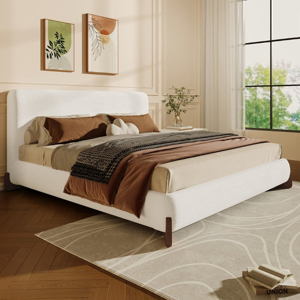 English Elm Elegant Boucle Queen Bed Solid Wood Legs Upholstered Headboard Modern Neutral Bedroom N769Q333728B