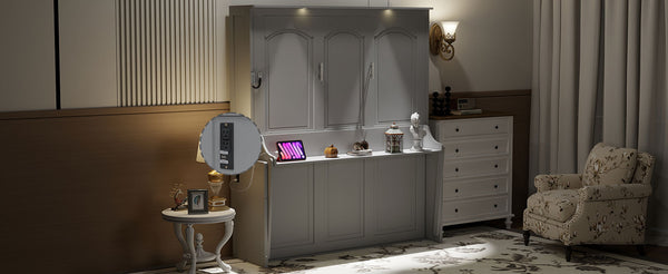 English Elm Queen Murphy Bed with Desk, Built-In LED Lights, USB Charging Ports & Space-Saving Modern Design Gray N7500004014E