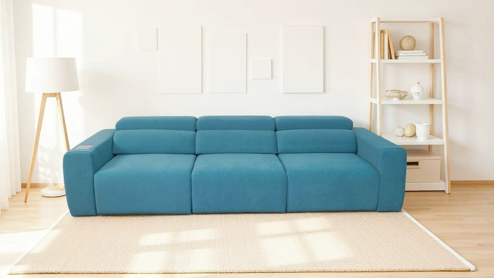 English Elm Power Reclining Sofa with Bluetooth Speakers Wireless Charging and Smart Home Theater Seating Blue W3795S00009