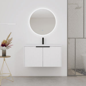 English Elm 36" Floating Bathroom Vanity with Resin Sink, Wavy Doors, Soft-Close Hinges & Durable Plywood Finish White W999P251811