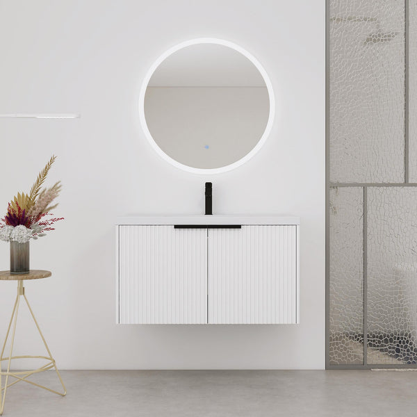 English Elm 36" Floating Bathroom Vanity with Resin Sink, Wavy Doors, Soft-Close Hinges & Durable Plywood Finish White W999P251811