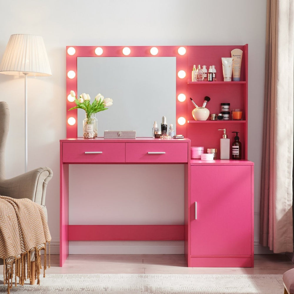 English Elm Vanity Desk with Lighted Mirror Adjustable Brightness and 2 Drawer Mdf Bedroom Table W2386P475280