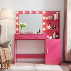 English Elm Vanity Desk with Lighted Mirror Adjustable Brightness and 2 Drawer Mdf Bedroom Table W2386P475280
