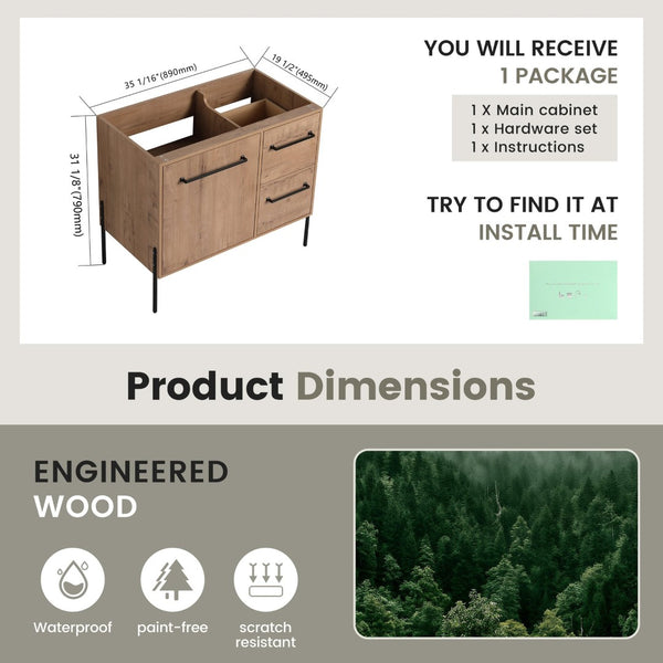 English Elm 36" Freestanding Vanity with Integrated Resin Sink Soft Close Drawers Modern Bath W999P405130
