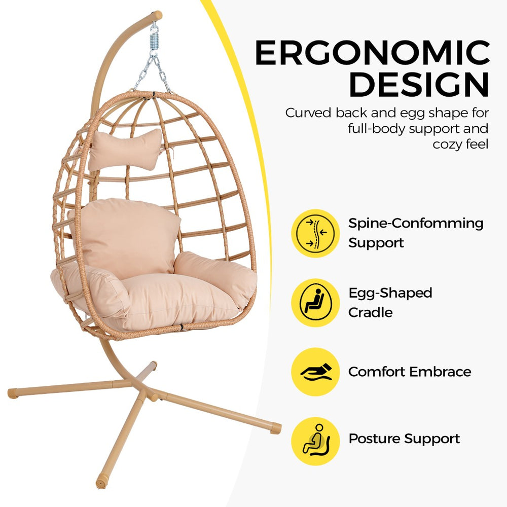 English Elm Egg Hanging Chair with Stand Pe Rattan Swing Seat Washable Cushion 350lb Capacity T5880P497433