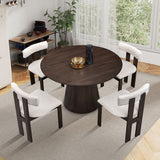 English Elm (1 Table With 4 Chairs)Wooden Dining Table Set, Modern Round Mdf Kitchen Table and Boucle Upholstered Dining Chairs For Dining Room, Kitchen, Saving Space, Dark Brown