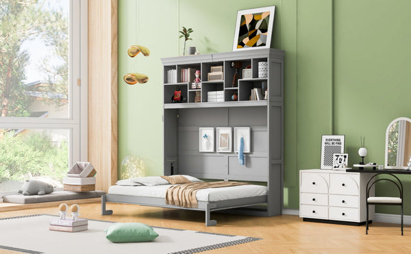 English Elm Queen Murphy Wall Bed Cabinet with Integrated Shelves Usb Charging Space Saving Design Gray LP006668AAE-1