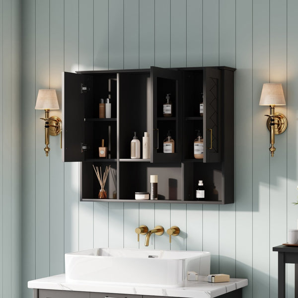 English Elm 35 Inch Wall Mount Medicine Cabinet Soft Close Mirror Storage for Modern Bathroom Black N710P389453B