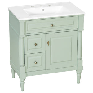 English Elm 30" Freestanding Bathroom Vanity Rubberwood Frame Ceramic Sink Flip Drawer Storage Green N725P356062F