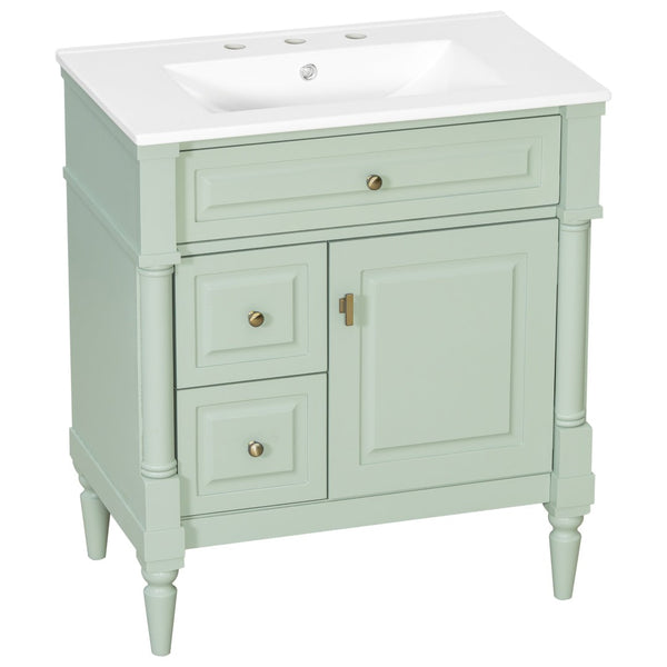 English Elm 30" Freestanding Bathroom Vanity Rubberwood Frame Ceramic Sink Flip Drawer Storage Green N725P356062F