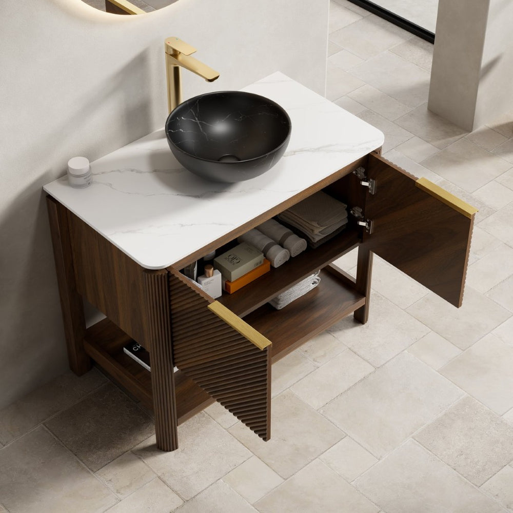 English Elm Dina Floating Bathroom Vanity Sintered Stone Top Glass Basin Striped Plywood Cabinet W2615S00726