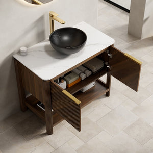 English Elm Dina Floating Bathroom Vanity Sintered Stone Top Glass Basin Striped Plywood Cabinet W2615S00726