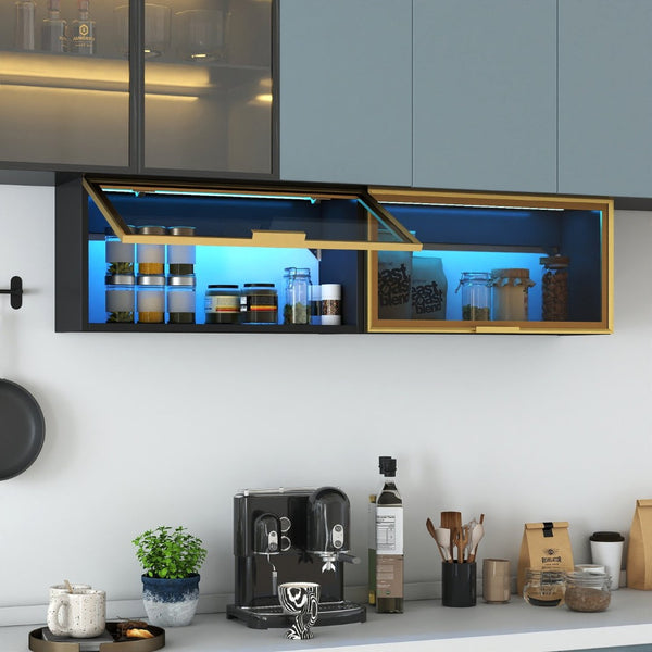 English Elm Large-capacity Wall Cabinet Matte Black Up-flip Door Spice Storage for Modern Kitchens W331P379953