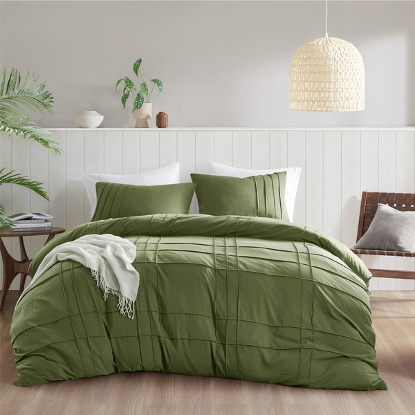 JLA Home Comfort Spaces - Soft Washed Pleated Duvet Cover Set with Grid Pinch-Pleat, OEKO-TEX Soft Microfiber, All-Season Comfort Olive Green AM12-0420