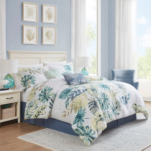 JLA Home Harbor House Blue - Cotton Coastal Tropical 6-Piece Comforter Set with Oversized Green & Blue Foliage, OEKO-TEX Certified 90 L x 80 W x 1.5H HH10-1618
