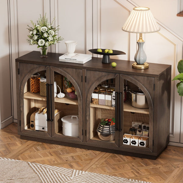 English Elm Trexm Arched Glass Door Buffet Sideboard Oak Veneer Storage Cabinet for Dining Room Espresso XW000021AAP-2026