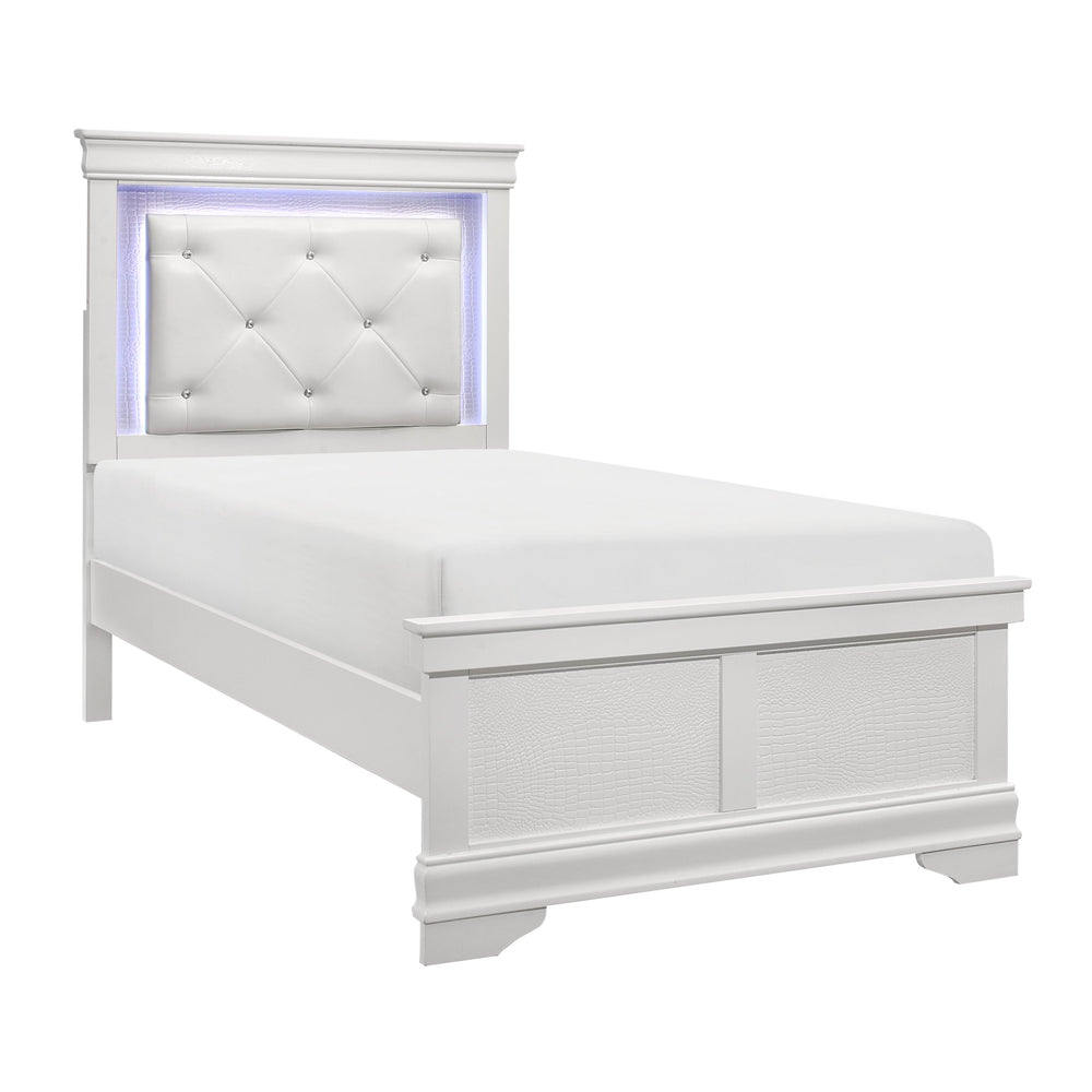 English Elm Glam Queen Bed with Faux Alligator Embossed Panels, Crystal-Tufted LED Backlit Headboard, Luxe Appeal White 49 L x 33 W x 9 H B011S02037