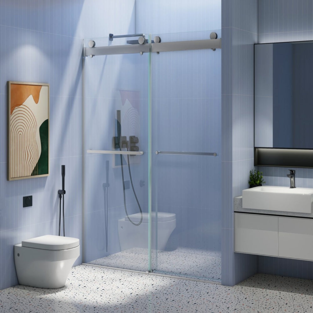 English Elm 44 to 48 Inch Frameless Double Sliding Shower Door Tempered Glass Soft Close Chrome W1573126517