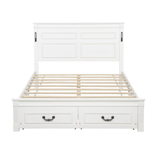 English Elm Queen Farmhouse Pinewood Storage Bed with Led Lighting Usb Charging and Panel Headboard White W504P391013