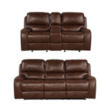 English Elm Achern Brown Leather-Air Nailhead Manual Reclining Sofa and Loveseat With Storage Console and Usb Port