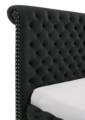 English Elm Unique Round Plush Velvet Button-Tufted Storage Bed Queen with Studded Headboard and 2 Nightstands Set Black 54.75 L x 79.5 W x 8.25 H B2741S00147