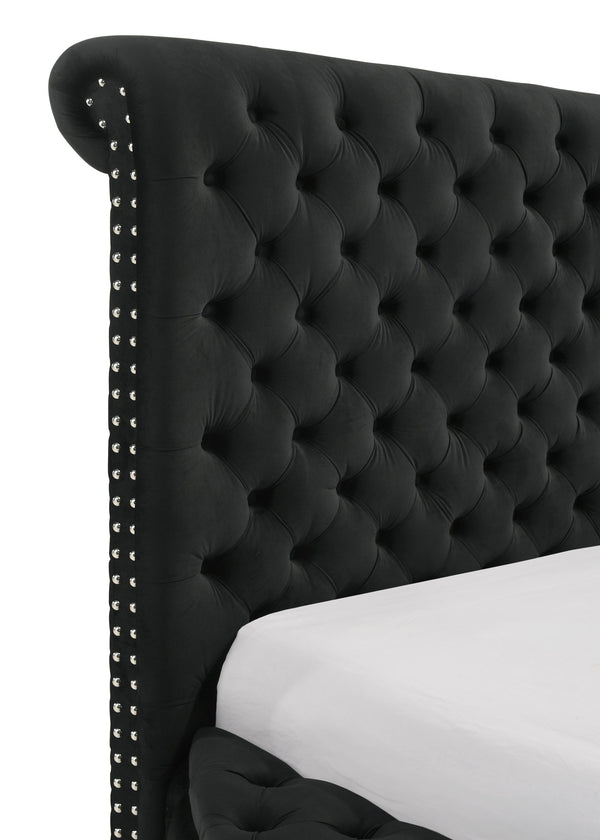 English Elm Unique Round Plush Velvet Button-Tufted Storage Bed Queen with Studded Headboard and 2 Nightstands Set Black 54.75 L x 79.5 W x 8.25 H B2741S00147