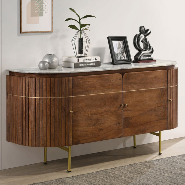 English Elm Feast Natural 4-door Sideboard Buffet Cabinet with White Marble Top, Mango Wood, Brass Inlay, 63" B062P342730