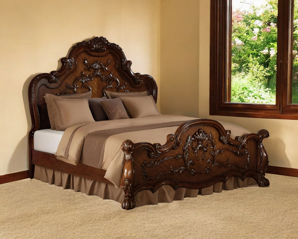 Homeroots Brown Scrolling Wood California King Bed Frame  Wood 348165
