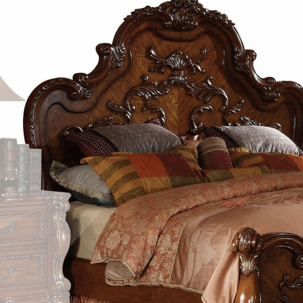 HomeRoots 88" Elegant Cherry Oak Eastern King Bed with Intricate Carvings, Claw Feet & Durable Design Features 348166