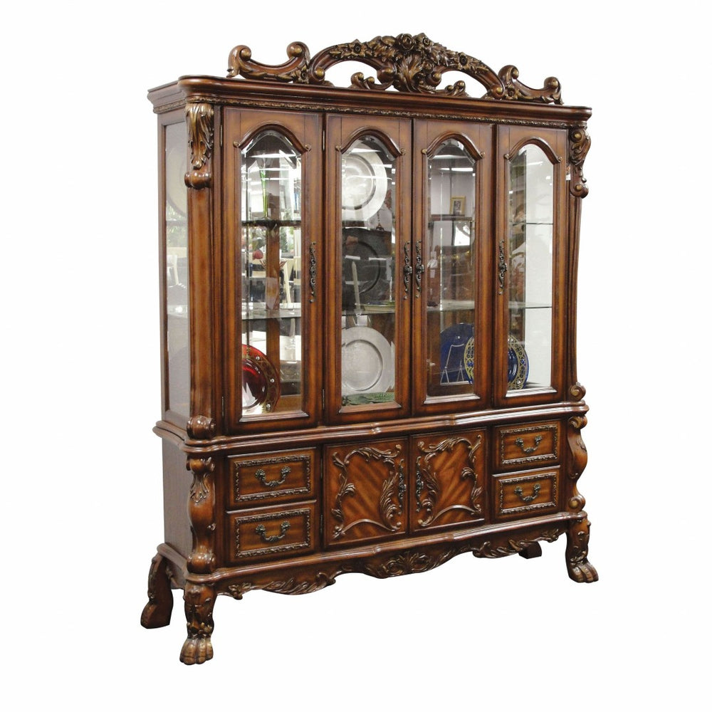 HomeRoots 19" Elegant Cherry Oak Wood Hutch & Buffet with Glass Doors for Dining Room Storage & Display 348168