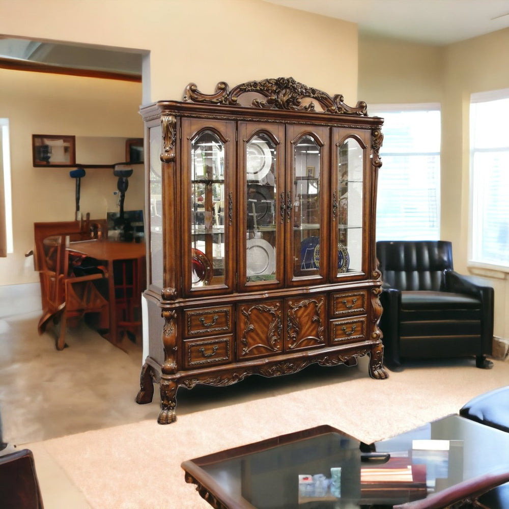 HomeRoots 19" Elegant Cherry Oak Wood Hutch & Buffet with Glass Doors for Dining Room Storage & Display 348168