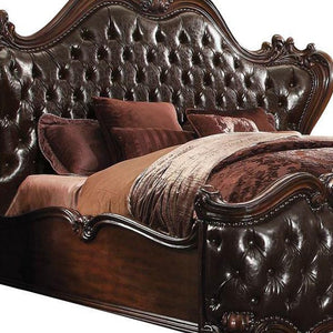 Homeroots 88" X 101" X 76" 2-tone Dark Brown Pu Cherry Oak Wood Poly Resin Upholstery California King Bed  Manufactured Wood 348171