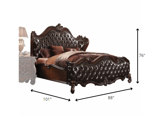 Homeroots 88" X 101" X 76" 2-tone Dark Brown Pu Cherry Oak Wood Poly Resin Upholstery California King Bed  Manufactured Wood 348171