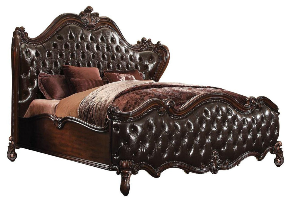HomeRoots Dark Brown King Bed Frame with Carved Scrollwork, Tufted Faux Leather & Nailhead Trim for Luxury Bedrooms 348171