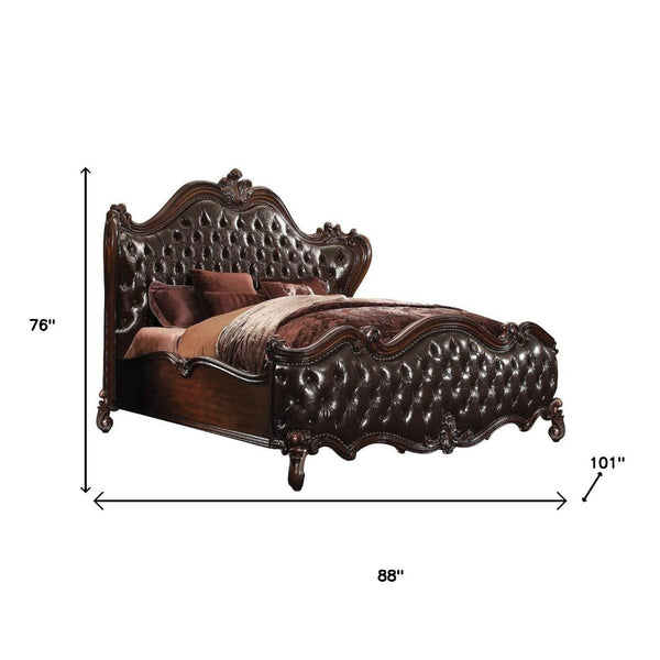 HomeRoots Dark Brown King Bed Frame with Carved Scrollwork, Tufted Faux Leather & Nailhead Trim for Luxury Bedrooms 348171
