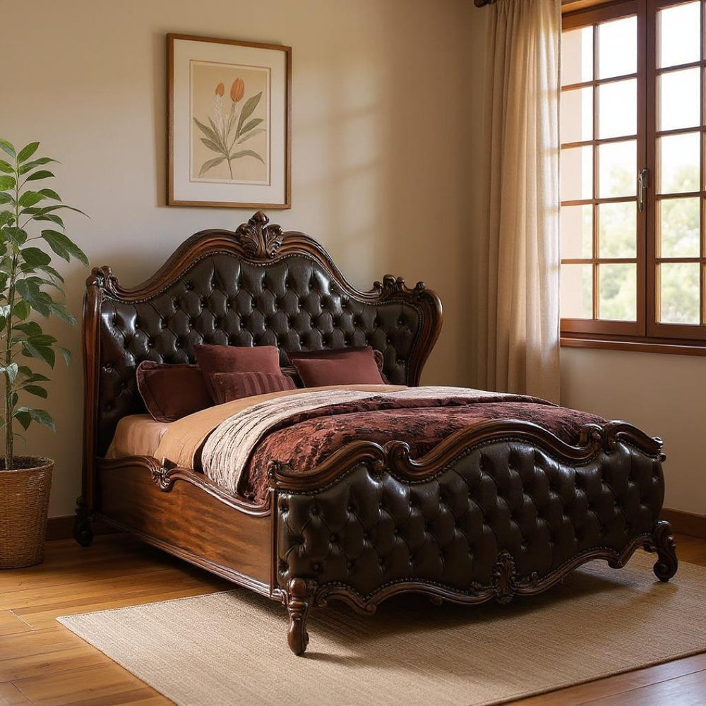 HomeRoots Dark Brown King Bed Frame with Carved Scrollwork, Tufted Faux Leather & Nailhead Trim for Luxury Bedrooms 348171
