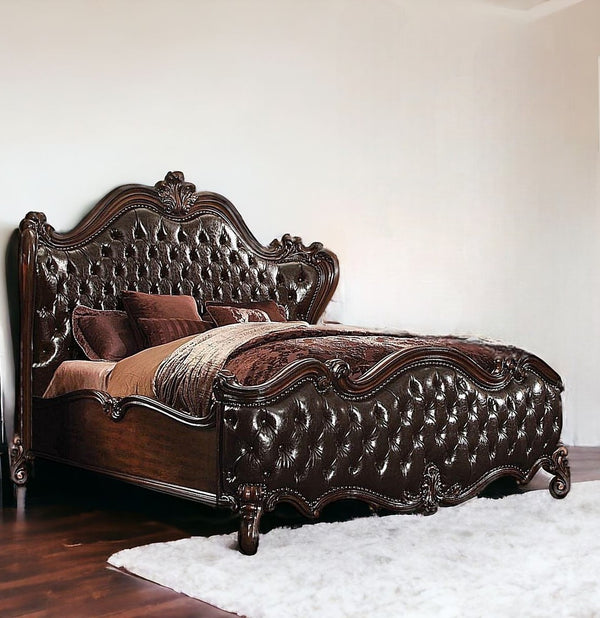 Homeroots King Tufted Dark Brown Upholstered Faux Leather Bed With Nailhead Trim  Manufactured Wood 348172