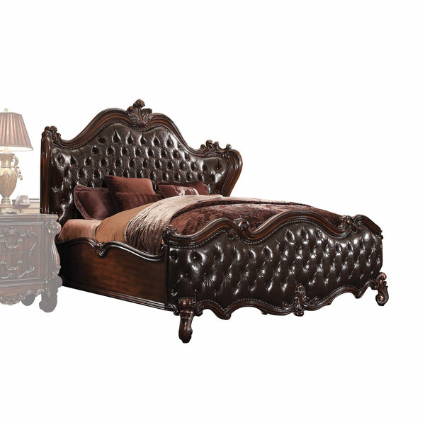 Homeroots Solid Wood Queen Tufted Dark Brown Upholstered Faux Leather Bed With Nailhead Trim  Wood 348173