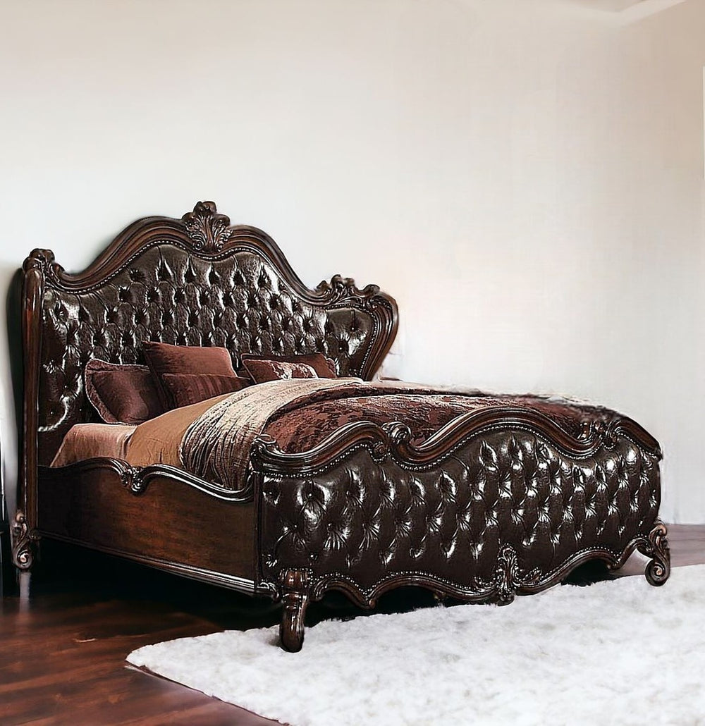 Homeroots Solid Wood Queen Tufted Dark Brown Upholstered Faux Leather Bed With Nailhead Trim  Wood 348173